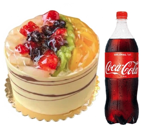 4 ile 6 kişilik karışık meyveli yaş pasta 1 lt cola kutlamalara ferahlık katan enfes tat.